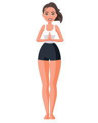 Vector illustration of standing sportive women with namaste hands. Cartoon realistic people practicing yoga. Flat young woman. Front view girl. Standing yoga poses. 