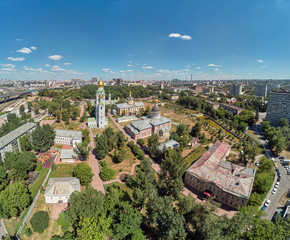 Orthodox cathedrals in architecture-historical ensemble Rogozhskaya sloboda in Moscow, Russia. Aerial drone view.