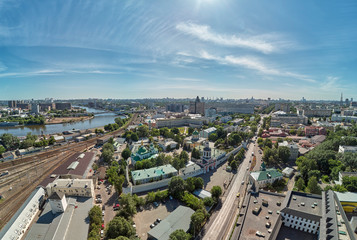 The photo shows the Danilovsky Monastery, which is located in Russia in the city of Moscow. Aerial drone panoramic view.