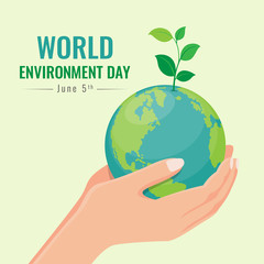 world environment day banner with hand hold seed plant on circle earth world vector design