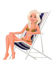 Vector illustration of woman in underwear in chaise lounge. Cartoon realistic people. Flat young woman. Front view girl, Isometric view. Slim woman sunbathing in beach chair. Relaxation.