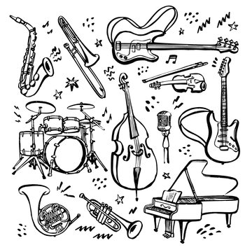 Vector musical instruments sketch design. Musical instruments sketches set.  vector button accordion, reed pipe or folk | CanStock
