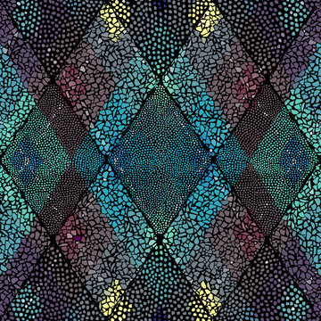 Mosaic art pattern of rhombuses of different tile textures. Seamless vector.