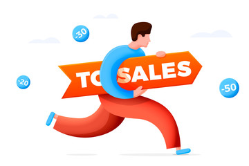 Vector illustration - cartoon running man with sales banner, isolated on white background. Arrow in hands and discounts around.