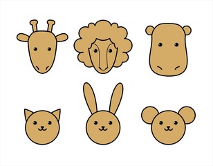 Cat, Rabbit, Mouse, Giraffe, Lion, Hippo. Animal heads. For kids. Modern flat vector illustration on white background.