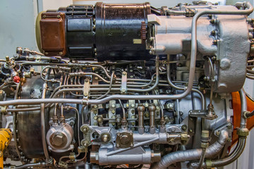 Complex mechanism, helicopter engine, close-up, engine in repair
