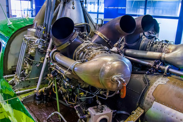 Complex mechanism, helicopter engine, close-up, engine in repair
