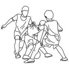 Three boys playing football vector illustration sketch doodle hand drawn with black lines isolated on white background