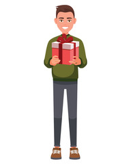 Vector illustration of man with present in hands in casual clothes. Cartoon realistic people illustration. Man in traditional Red Christmas sweater. Front view, Isometric view.