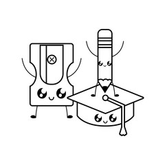 pencil with sharpener and hat graduation kawaii style
