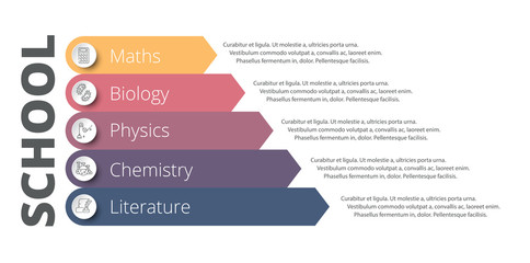 Pyramid infographic template with five school elements. Biology, chemistry, literature, physics,maths. One from a set of vector illustrations.
