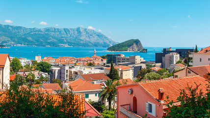 Naklejka na ściany i meble View from above to the old city Budva on Adriatic sea coastline, Montenegro