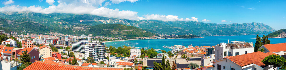 Panoramic view from above to the old city Budva on Adriatic sea coastline, Montenegro