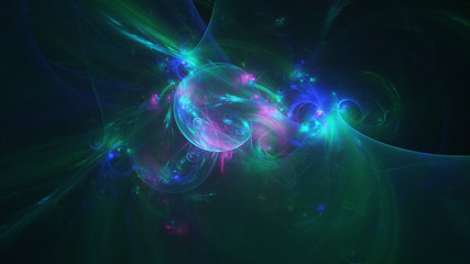 Abstract transparent green and blue crystal shapes. Fantasy light background. Digital fractal art. 3d rendering.