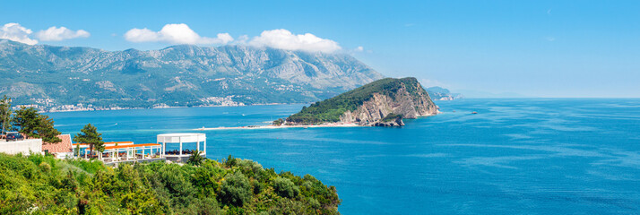 Panoramic view from above to the Adriatic sea coastline and Sveti Nikola island near a Budva city,...