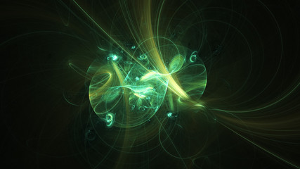 Abstract transparent green and golden crystal shapes. Fantasy light background. Digital fractal art. 3d rendering.