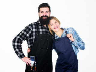 Picnic and barbecue. Backyard barbecue party. American food tradition. Cooking together. Couple in love getting ready for barbecue. Man bearded guy and girl ready for barbecue white background