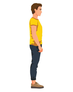 Vector illustration of man in casual clothes under the white background.  Cartoon realistic people illustrtaion. Flat young man. Side view man. Stock  Vector