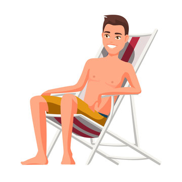 Vector illustration of men in shorts in chaise lounge. Cartoon realistic people. Flat young man. Front view guy, Isometric view. Thin man sunbathing in beach chair