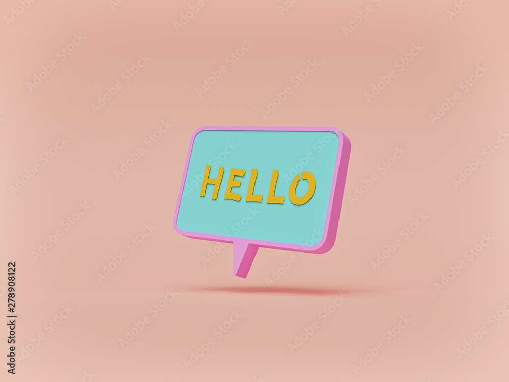 Poster speech bubble with hello greeting. minimal pastel concept. 3d rendering