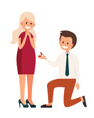 Happy couple in love story vector illustration. Guy makes  proposal. Wedding. Ring. 