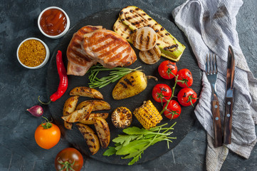 Fried pork fillet and grilled vegetables