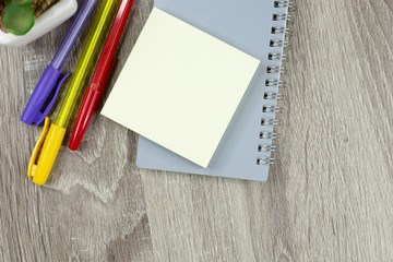 Set of office supplies for work with wood texture background