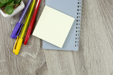 Set of office supplies for work with wood texture background