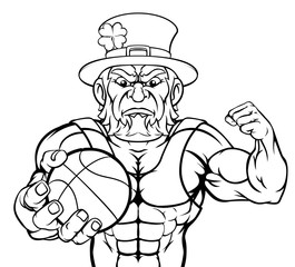 A leprechaun basketball sports mascot holding a ball