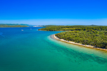 Fototapeta na wymiar Aerial view of the blue bay and small islands in nature park Telascica, Croatia, Dugi otok island