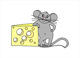 Mouse With Cheese. The Impudent Mouse Stands On Its Hind Legs, Rests On a Piece of Cheese With Holes. Outline Vector Image isolated on white background.