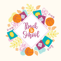 Back to school greeting card with backpack, ball, math equation