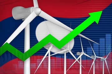 Fototapeta premium Lao People Democratic Republic wind energy power rising chart, arrow up - environmental natural energy industrial illustration. 3D Illustration