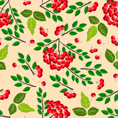 Autumnal  pattern with rowan and leaves on a light pink background.