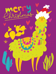 Vector Merry Christmas card with cute lama