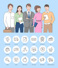 People working in business team vector, icons of support, buy now and free delivery, shipping and auction, secure search and info, number one signs