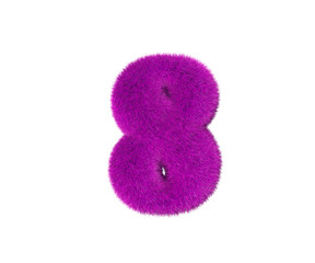 purple shaggy alphabet isolated on white - number 8, fashion concept 3D illustration of symbols