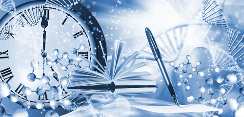 image of a pen and a book against clock and dna chain