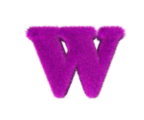 letter W of purple hairy alphabet isolated on white background, glamorous concept 3D illustration of symbols