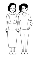 Family old mother with adultt daughter cartoon in black and white