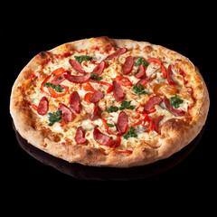 Pizza menu. Delicious hot pizza Mario with chicken, sausage and cheese. Delicious traditional Italian pizza on an isolated black background