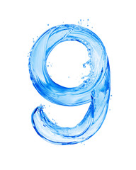 Number 9 made with water splashes, isolated on a white background