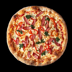 Pizza menu. Delicious hot pizza Mario with chicken, sausage and cheese. Delicious traditional Italian pizza on an isolated black background. Top view