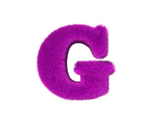 pink shaggy alphabet isolated on white - letter G, fashion concept 3D illustration of symbols