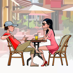 cartoonish talking couple sitting at a table in a cafe