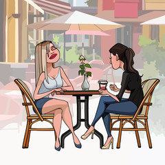 two cartoon women sitting at a table in a cafe