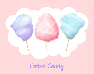 Candy floss, set of cotton candies of bilberry, cherry and plum taste. Vector summer fast food snack logo, delicious sugar dessert on stick, puffy confectionery. Candyfloss, kids sugar yummy snack