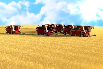 Industrial 3D illustration of many red wheat harvesters are working on the huge orange field - agricultural machine concept