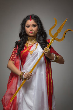 Potrait of a Bengali Married Woman as Goddess Durga , during Durga puja celebrations