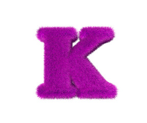 letter K of purple hirs font isolated on white background, glamorous concept 3D illustration of symbols